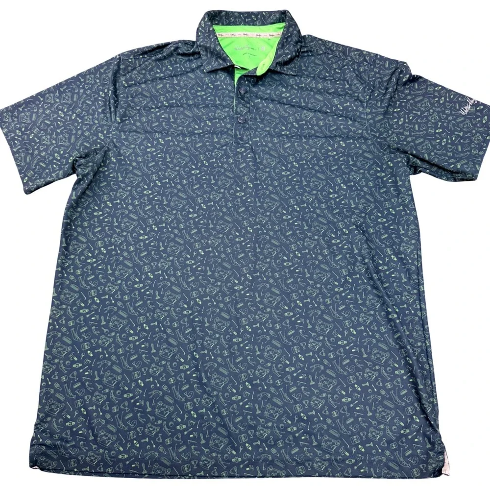 Walter Hagen Mens Navy Blue Lime Green Novelty Golf Print Polo Shirt Large